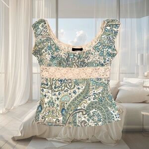 Vintage Y2K Express Paisley Blue Green Teal Paisley Cream Lace Milkmaid Top